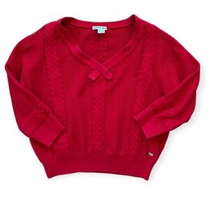 Lacoste Womens Red Cotton Cable Knit Short Sleeve V-Neck Preppy Sweater 42 Large